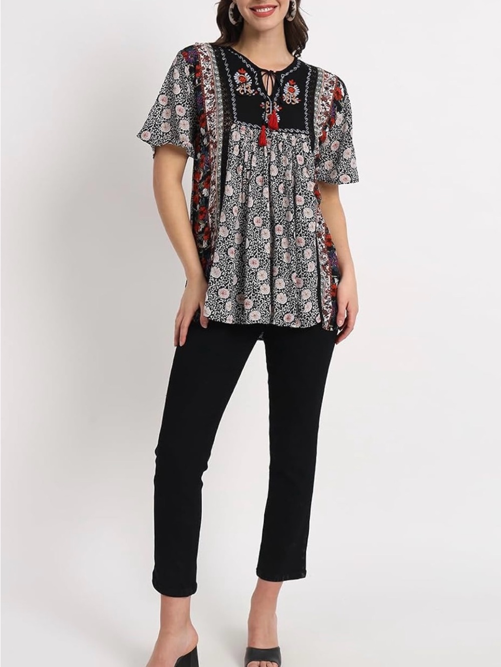 etc Bohemian tunic Black multi patterns with embroidery details Size XL